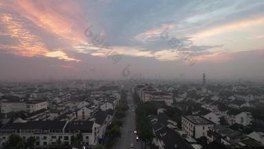 江苏苏州城市清晨日出彩霞迷雾航拍