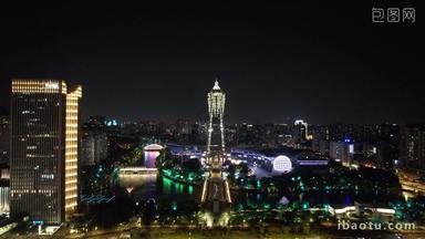 浙江杭州西湖文化广场夜景灯光航拍