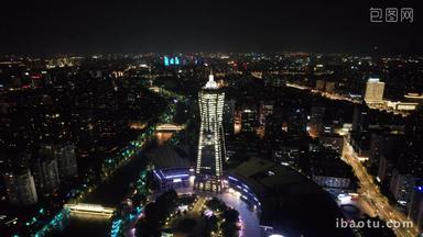 浙江杭州西湖文化广场夜景灯光航拍