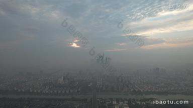 江苏苏州城市清晨日出彩霞迷雾航拍