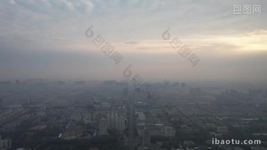 山东淄博城市清晨日出迷雾航拍