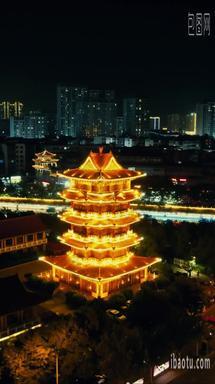 河北沧州城市风光夜景灯光旅游景区竖屏航拍