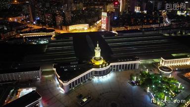 天津火车站夜景灯光航拍