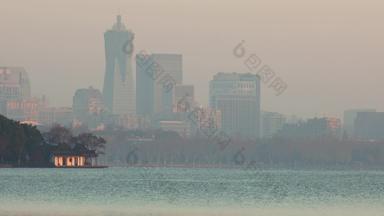 杭州西湖与城市现代高楼同框空镜