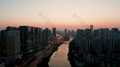 杭州大运河河畔环城北路夕阳航拍