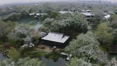 浙江杭州市西溪湿地公园雪景航拍