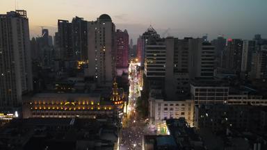 湖北武汉江汉路步行街夜景航拍