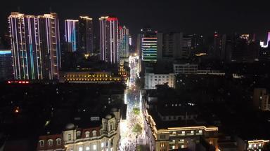 湖北武汉江汉路步行街夜景人流航拍