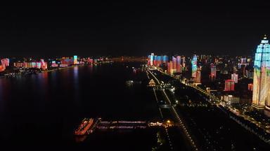 湖北武汉长江两岸夜景灯光航拍