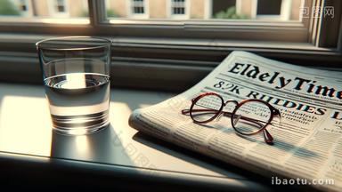 窗台水杯眼镜报纸老龄化社会