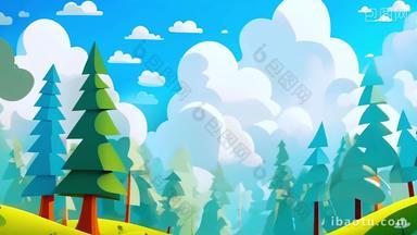 卡通树林蓝天白云动画视频