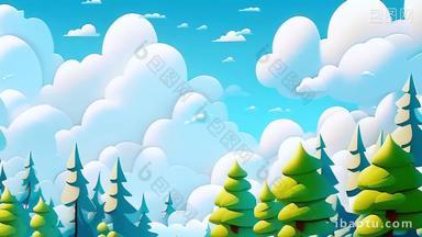 卡通树林蓝天白云动画视频