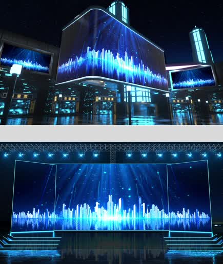 7K宽屏蓝色科技城市粒子光线大屏背景图片