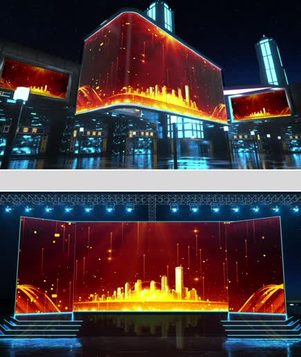 8K红金粒子城市巨幕宽屏背景图片