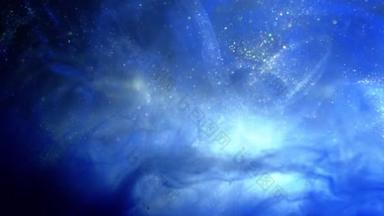 闪闪发光的蓝色粒子背景。宇宙蓝色的尘埃与星星的黑色背景。粒子运动摘要.