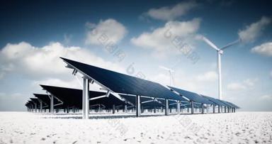 现代和未来派的审美黑色太阳能电池板的大型光伏电站与风力涡轮机在阳光明媚的午后天气与部分多云的蓝天背景。3d 渲染剪辑.
