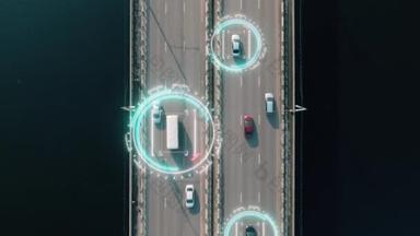 4k 无人驾驶或自主汽车的鸟图。经过高速公路的车辆。显示板号、限速和 Id 号。未来的交通。人工智能。自驾游.