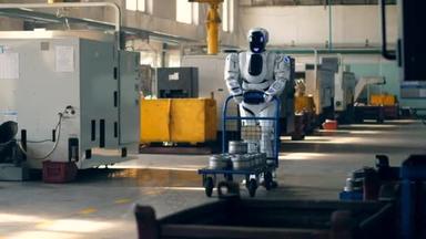 带有机器人推动手推车的工厂厂房