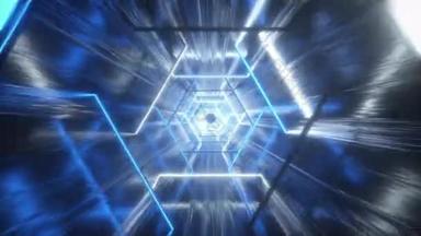 飞过发光的霓虹灯六边形，创建一个隧道与格子反射，蓝色光谱，荧光紫外线，现代五颜六色的照明，4k循环动画