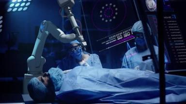 外科医生小组在透明屏幕上观察数据的同时，使用医用外科机器人进行精细的手术。 现代医疗设备。 微创手术用<strong>机械臂</strong>.