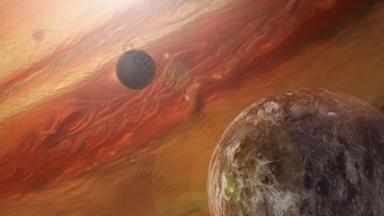 红太空行星经过（4k）动画显示在外层空间旋转的红行星和<strong>月</strong>亮。 未来的天空从科幻小说中脱颖而出. 这个平滑的3D动画是用4k制作的.
