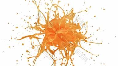 橙色柚子汁慢动作爆裂3D动画中的果液滴飞溅分离在白色阿尔法垫上，包括4k亮黄色和橙色设计元素的合成
