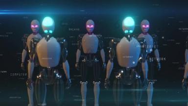 无尽的机器人走廊彼此相对。未来的技术和人工智能概念。从机器人身边飞驰而过。蓝色和粉色霓虹灯发光。无缝圈3D渲染