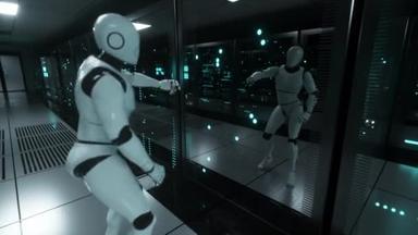 服务器房间里的跳舞机器人用倒影的眼光看待自己。数据中心服务器室<strong>玻璃</strong>面板后面的数据服务器。无缝圈3D渲染