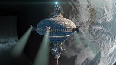 不明身份的外星飞船在地球附近飞行，进行未来主义电子游戏、幻想<strong>背景</strong>和星际深空旅行.