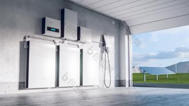 一个基于锂离子电池组的家庭能源存储系统的概念，位于一个现代化的车库，视野广阔，有太阳能发电厂和风力涡轮机农场。3d渲染.