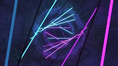 用霓虹灯在混凝土隧道中飞行。卤素灯。摘要背景。现代蓝紫色光谱分析。3D动画
