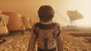火星上的宇航员绕着他的基地绕行宇航员沿着基地行走。小沙尘暴卫星天线把数据传送到地面.现实的3D动画