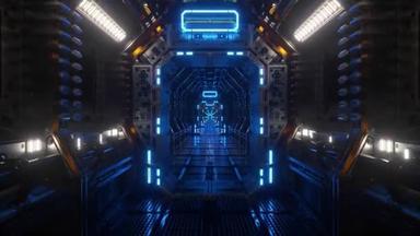 在宇宙飞船的隧道里飞行，一个科幻<strong>穿梭</strong>走廊。未来主义抽象技术。技术和未来的概念。闪光的光。3D无缝循环动画.
