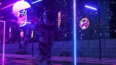 宇航员跑在霓虹灯城市在网络<strong>朋克风格</strong>。回波80度背景。复古<strong>风格</strong>。未来主义概念。无缝循环3D动画