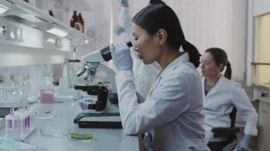 亚洲女化学家实验室研究的缓<strong>慢步</strong>伐，用显微镜作为她的同事，在试管背景下的瓶内黑人男化学家混合液中检测轮椅溶液