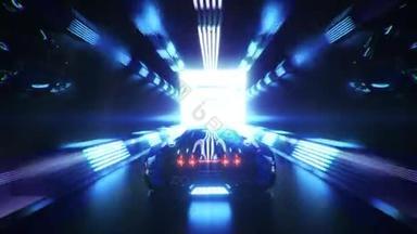 汽车高速驶过一条无穷无尽<strong>的</strong>霓虹灯技术隧道.未来主义概念。3D无缝循环动画