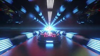 汽车高速驶过一条无穷无尽的<strong>霓虹</strong>灯技术隧道.未来主义概念。3D无缝循环动画