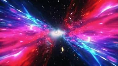 摘要星际飞行，在<strong>红蓝色</strong>超空间中的时间跳跃爆裂翘曲，4K无缝隙超音速隧道或虫孔科学数字背景。奇异性、引力波和空间时间