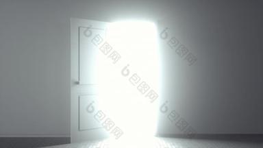 门打开了,明亮的灯光照在黑暗的房间里.可作为希望与自由、未来与新开端和其他乐观概念的例证