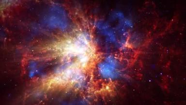 太空探索通过外太空朝向银河系星光橙色<strong>蓝色</strong>的动画飞行通过发光的星云，云和星。4K在深空的云层和<strong>星空</strong>中飞行.