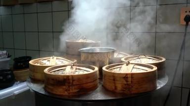 Steaming steamed buns in the breakfast shop kitchen bamboo steamer