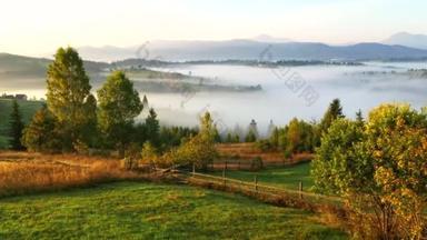黎明时分，<strong>无</strong>人机飞过一个风景如画的雾蒙蒙的山谷。地点：乌克兰喀尔巴阡山脉，欧洲。电影空中拍摄。发现地球的美丽。以4k，<strong>无</strong>人驾驶<strong>视频</strong>拍摄.