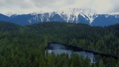 背景上覆盖着白雪悬崖的茂密森林与湖泊的空中景观