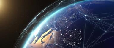 数字网格覆盖地球日出。通过卫星的互联网连接。全球网络连接到抽象的卫星三维渲染世界.现代商业和技术概念