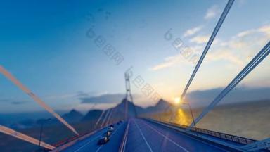 日落时海上过桥的交通流量.