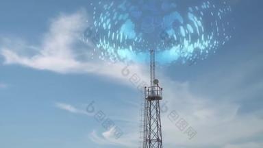 蜂窝天线发出的无线电信号向各个方向传播.无线电<strong>通信</strong>塔传送无线电波的可视化。无线<strong>通信</strong>、数据传输的概念