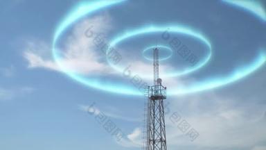 蜂窝天线发出的无线电信号向各个方向传播.无线电通信塔传送无线电波的可视化。无线通信、数据传输的概念