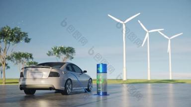 3D animation electric car charging at the natural park with windmill loop animation ecology fresh sy