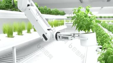 3D Motion Graphics, Smart robotic hand with plants in pots,