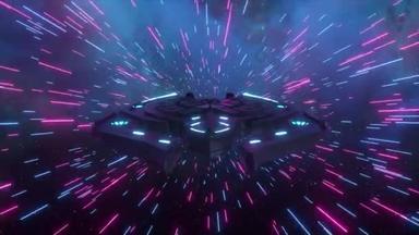 科幻小说概念。宇宙飞船穿过霓虹灯蓝色的紫色线.未来派照明走廊。技术。高质量的4k镜头